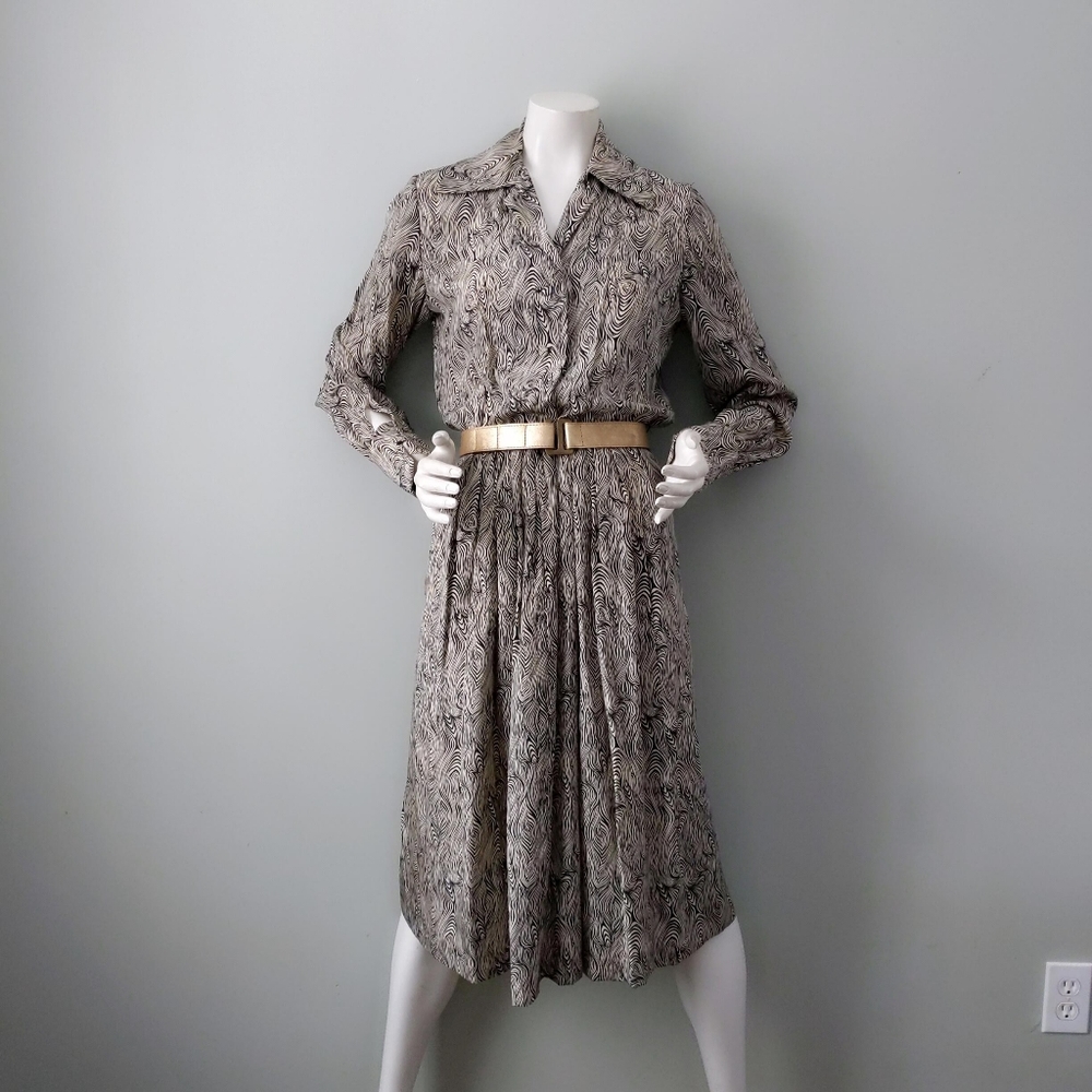 Vintage 70s Bill Blass Archival Silk B&W Zebra Peacock Stripe Print Shirt Dress